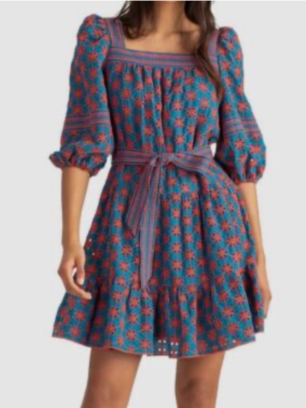 Shashanna Celia Eyelet Peasant Dress Teal/Orange Boho-Chic Festival Size 4 Small